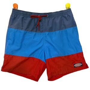 Vineyard Vines Mens Colorblock Swim Trunks Blue Red Medium Mesh Lined 7" Inseam